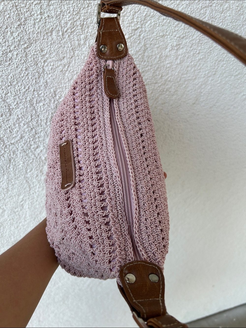 Blush Crochet Shoulder Bag with Brown Strap - Picture 4 of 8